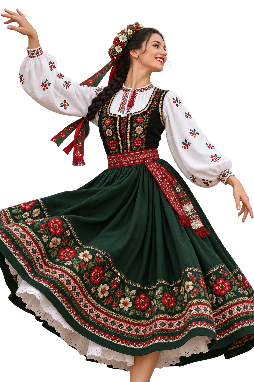 Folk dancer in a floral headpiece, embroidered linen blouse and flowing green skirt